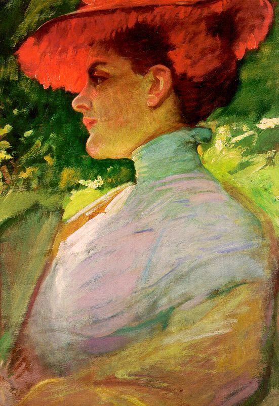 Frank Duveneck Lady With a Red Hat oil painting picture